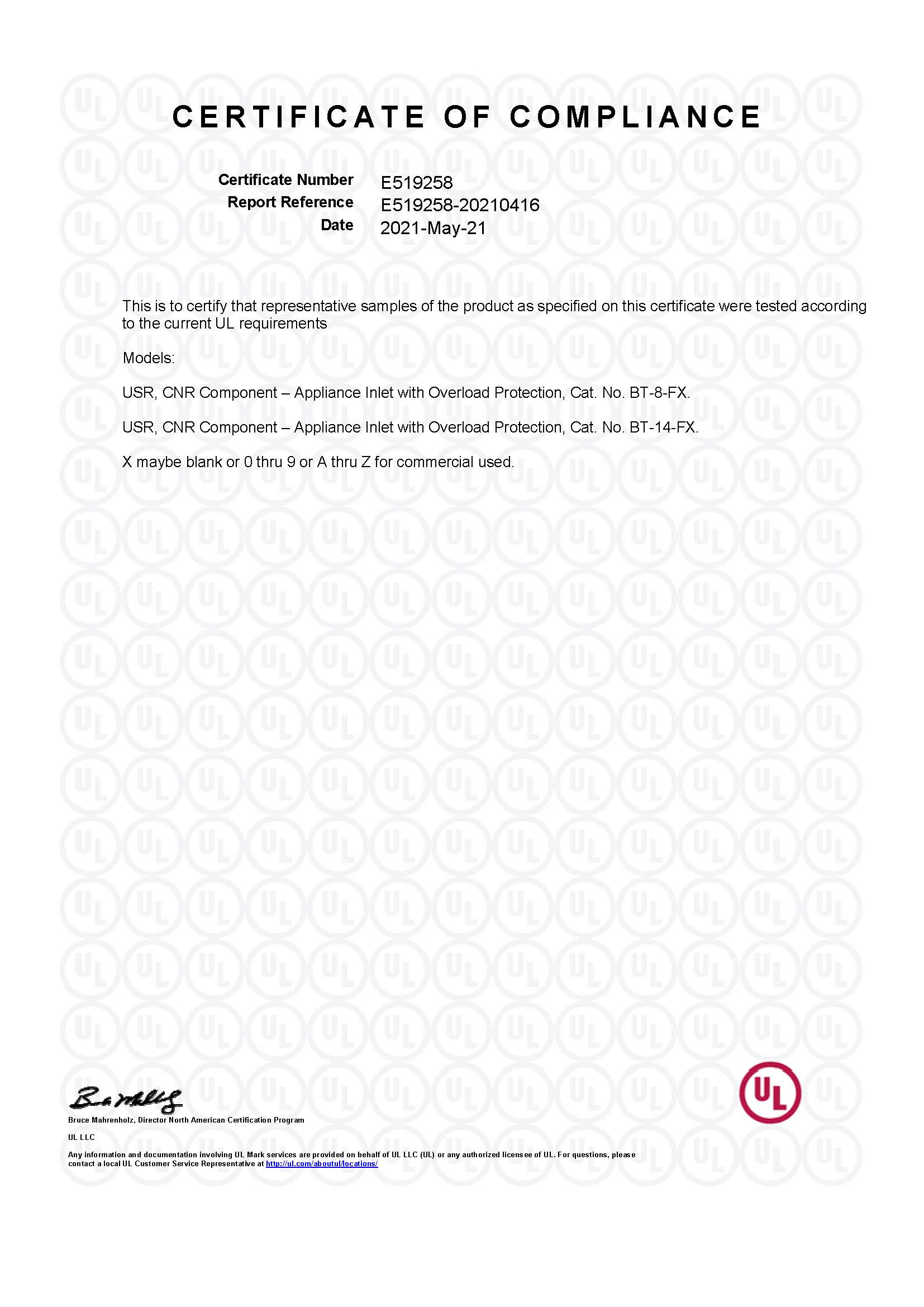 BT-8-FX BT-14-FX係列（liè） UL證書